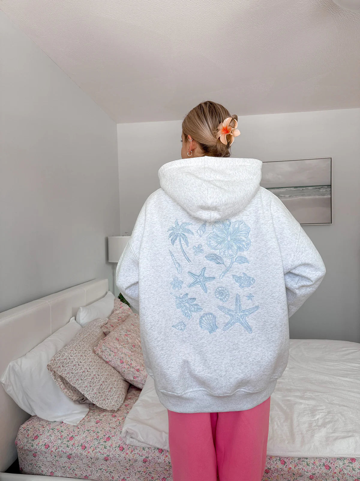 Pearl Grey & Pink tropical hoodie